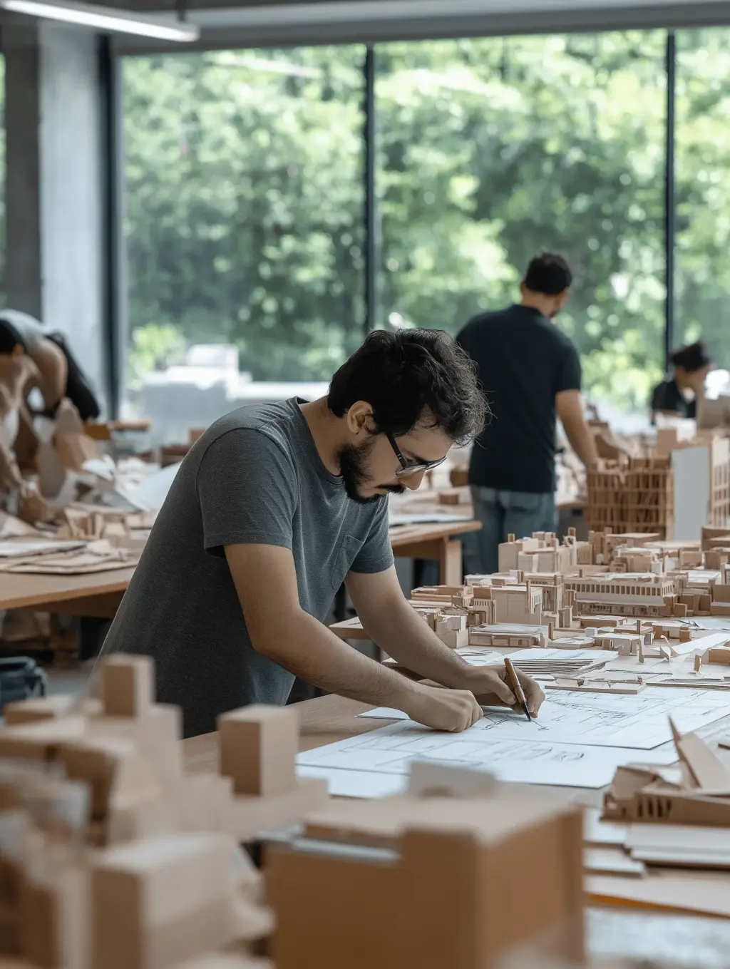Architekt mit Brille arbeitet an Modell in heller Werkstatt mit großen Fenstern und Kollegen im Hintergrund.